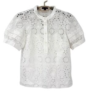 J CREW Puff Sleeve Blouse, Eyelet Lace White Preppy Size S
